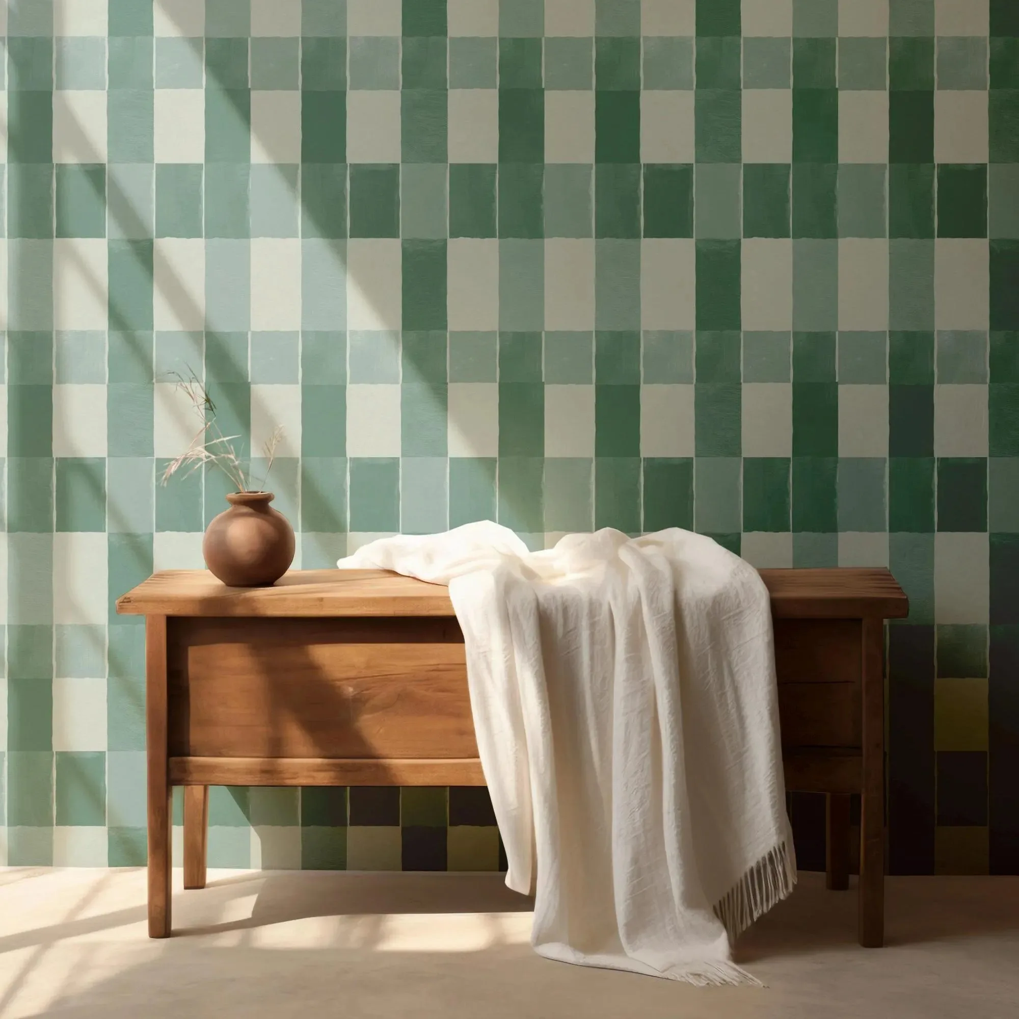 Green Watercolor Checkered Pattern Peel and Stick Wallpaper,Modern Gingham Accent Wall Design For Renter, Minimalist Plaid Paper