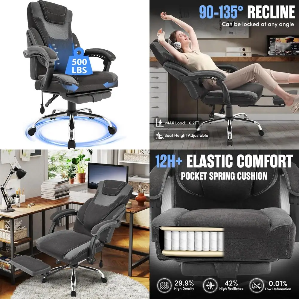 كرسي مكتب تنفيذي كبير وطويل مريح مع مسند للقدمين، مقعد عريض جدًا، دعم قطني قابل للتعديل لـ Comfortable High Bac