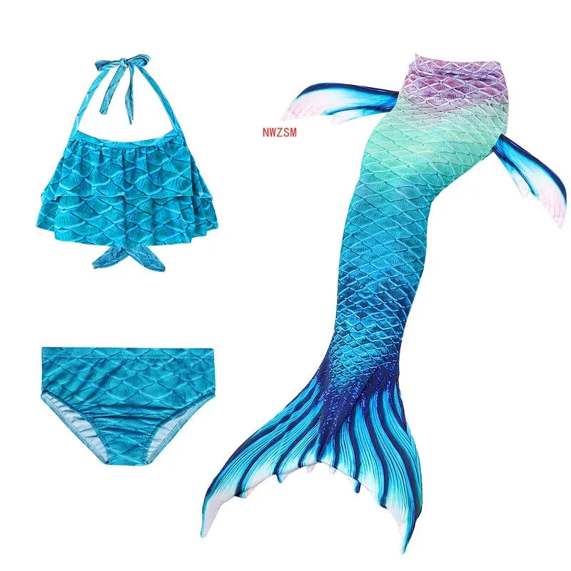 3pcs Kids Mermaid Tail for Girls Swimsuit Children The Little Mermaid Costume Beach Bikini Bathing Suit for Swimming No Flippers