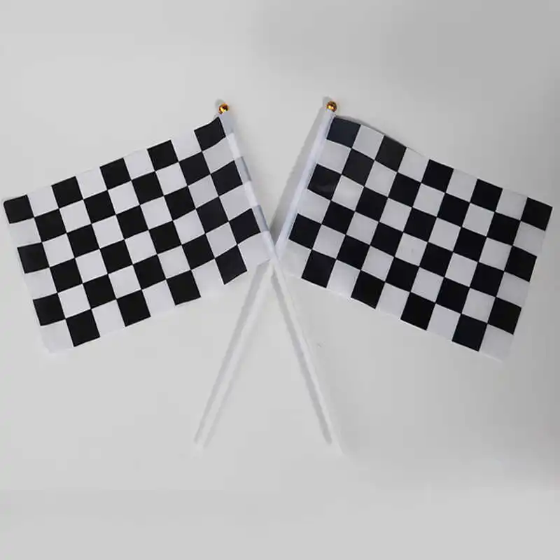 

10PCS Auto Race Checkered Flag Hand Held 14x21cm Polyester Car Sports Chequered Flags Small Banners With Mini Stick Flagpoles