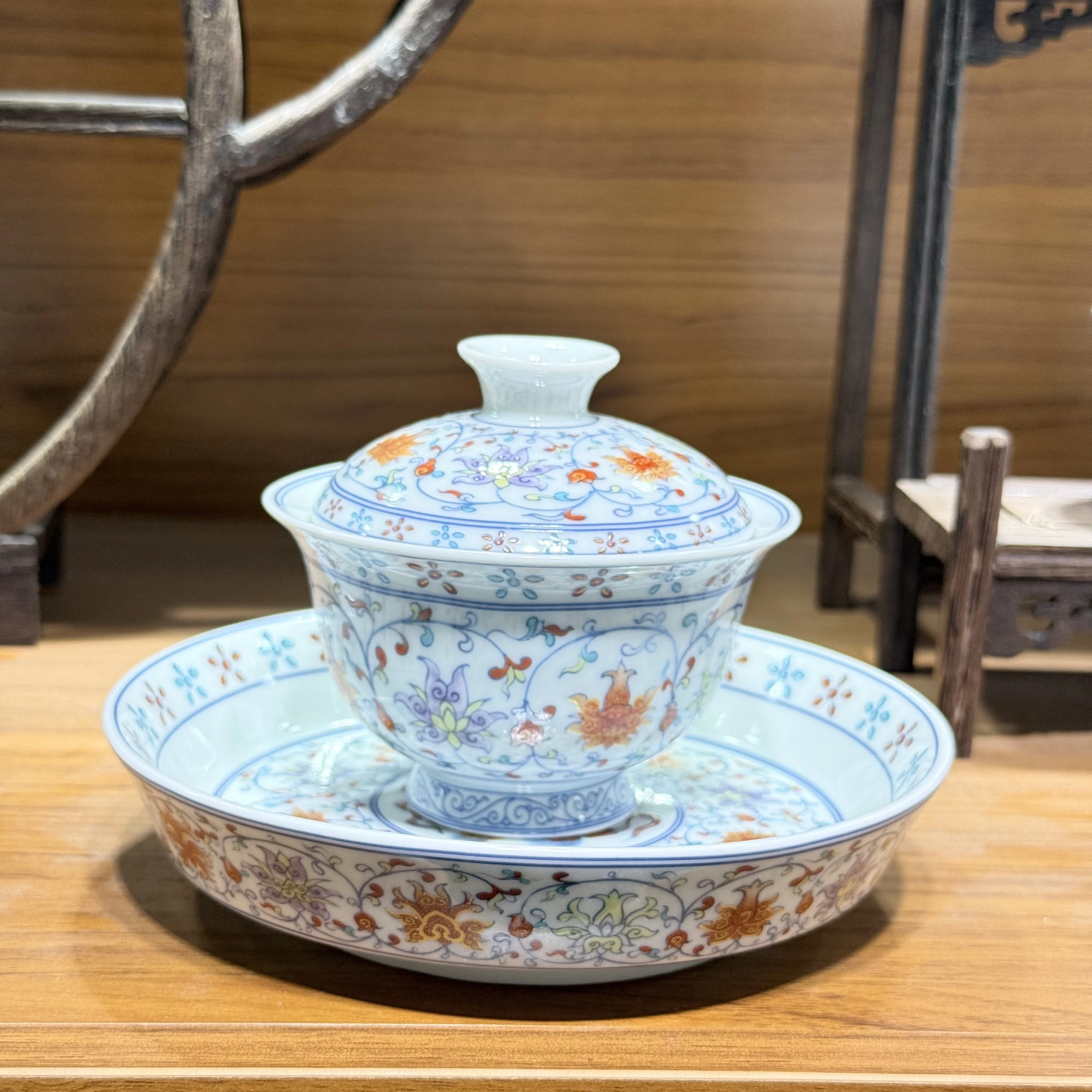 Enamel Glaze Red Interlock Branch Gaiwan Hover Rotating Household Cover Bowl Dry Teapot Platform Tea Tray Tea Brewing Bowl