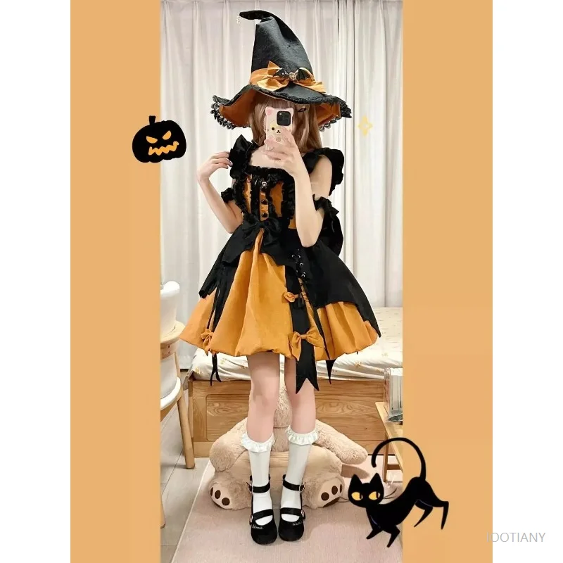 

2025 Cute Girl Lolita Cosplay Pumpkin Witch Dress Dress Up New Little Witch Maid Halloween Kawaii Elegant Party Princess Gown
