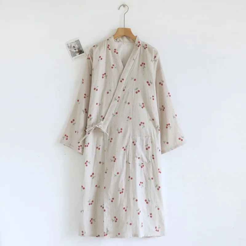 

Spring Autumn New Cherry Print Kimono Robes Women Bathrobes 100% Cotton Japanese Female Sweet Nightgowns Homewear Bathrobes