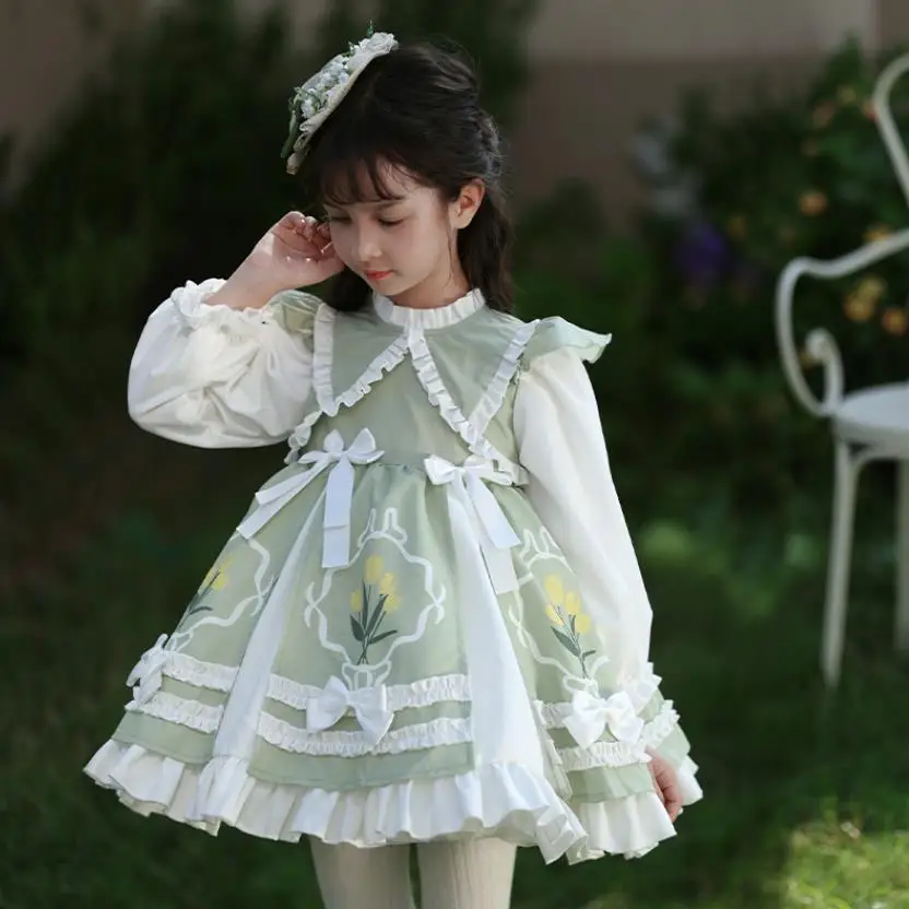 Autumn Winter New Spanish Lolita Princess Ball Gown Bow Wood Ear Print Design Birthday Eid Party Dress For Girls A3203