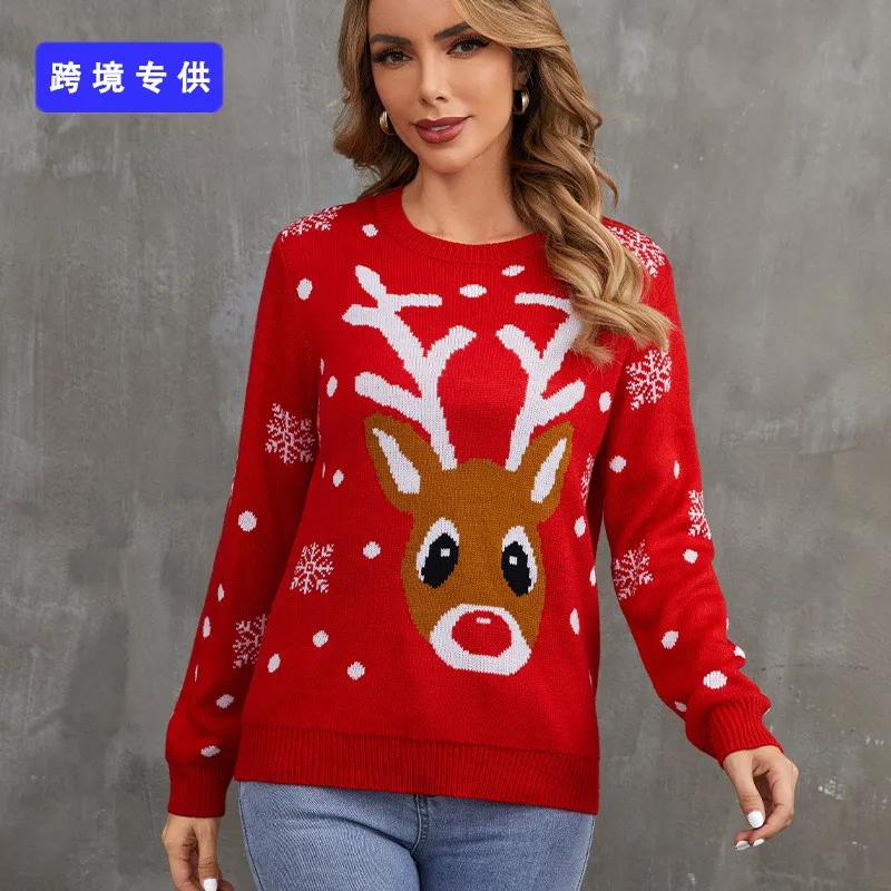 Red Christmas Knitted Sweater Women\'s Round Neck Hoodie Long Sleeve Elk Snowflake Cartoon Pattern Sweater Autumn New Item 2024