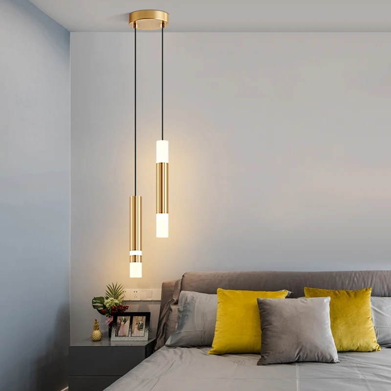 Modern Art Gold Pendant Lamp for Bedroom Bedside Lighting AC 220V Long Cable LED Hanging Suspended Light Bar Kitchen Fixture