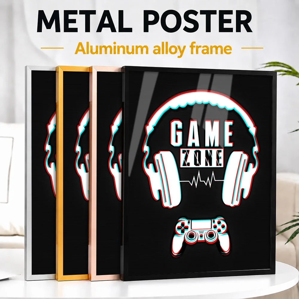 Game Zone Headphones And Controller Metal Poster With Aluminum Alloy Frame Personalized Neon Style Wall Art For Gaming Lounge