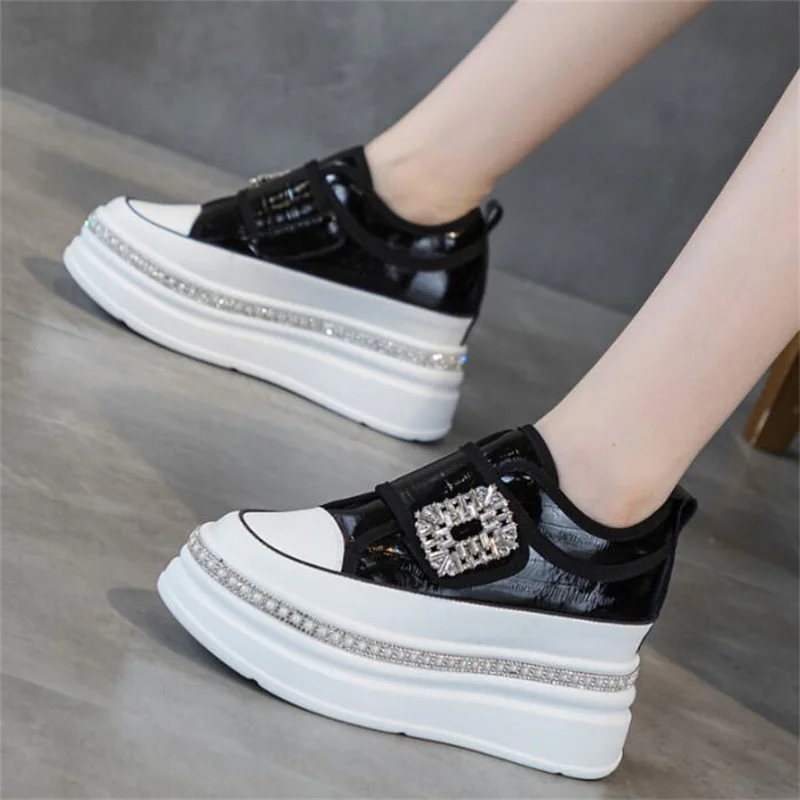 8cm Women Genuine Leather Sneakers Platform Pumps White Black Wedge Hidden Heel Hook Spring Autumn Bling Shoe Winter Ankle Boots