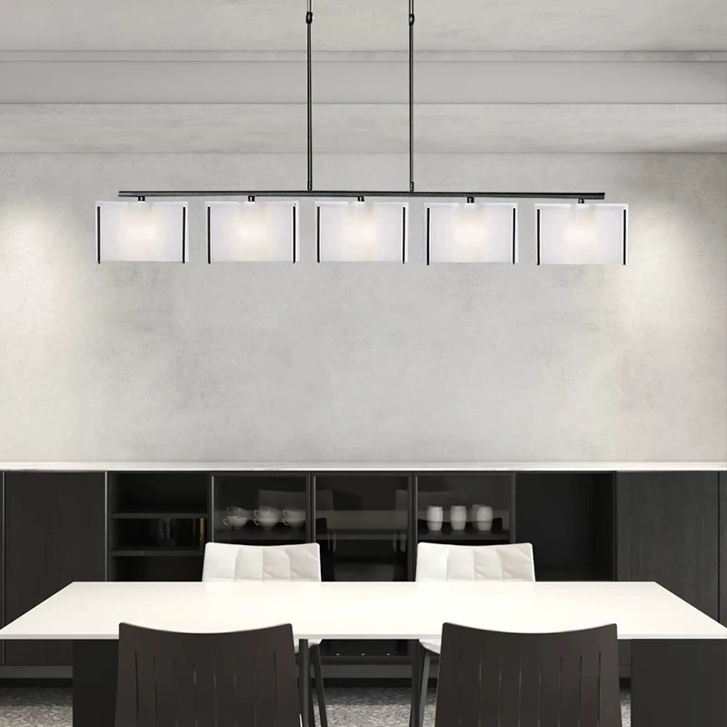 Modern 5 Light Linear Pendant Light with White Fabric Shades Black Metal Frame Chandelier for Dining Room Kitchen Island Bar