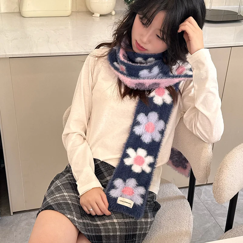 Syal Panjang Bulu Halus Ungu Motif Bunga untuk Wanita Musim Dingin, Gaya Lolita Korea, Hangat Tebal, Aksesoris Fashion untuk Sekolah, Kantor, Hadiah Festival