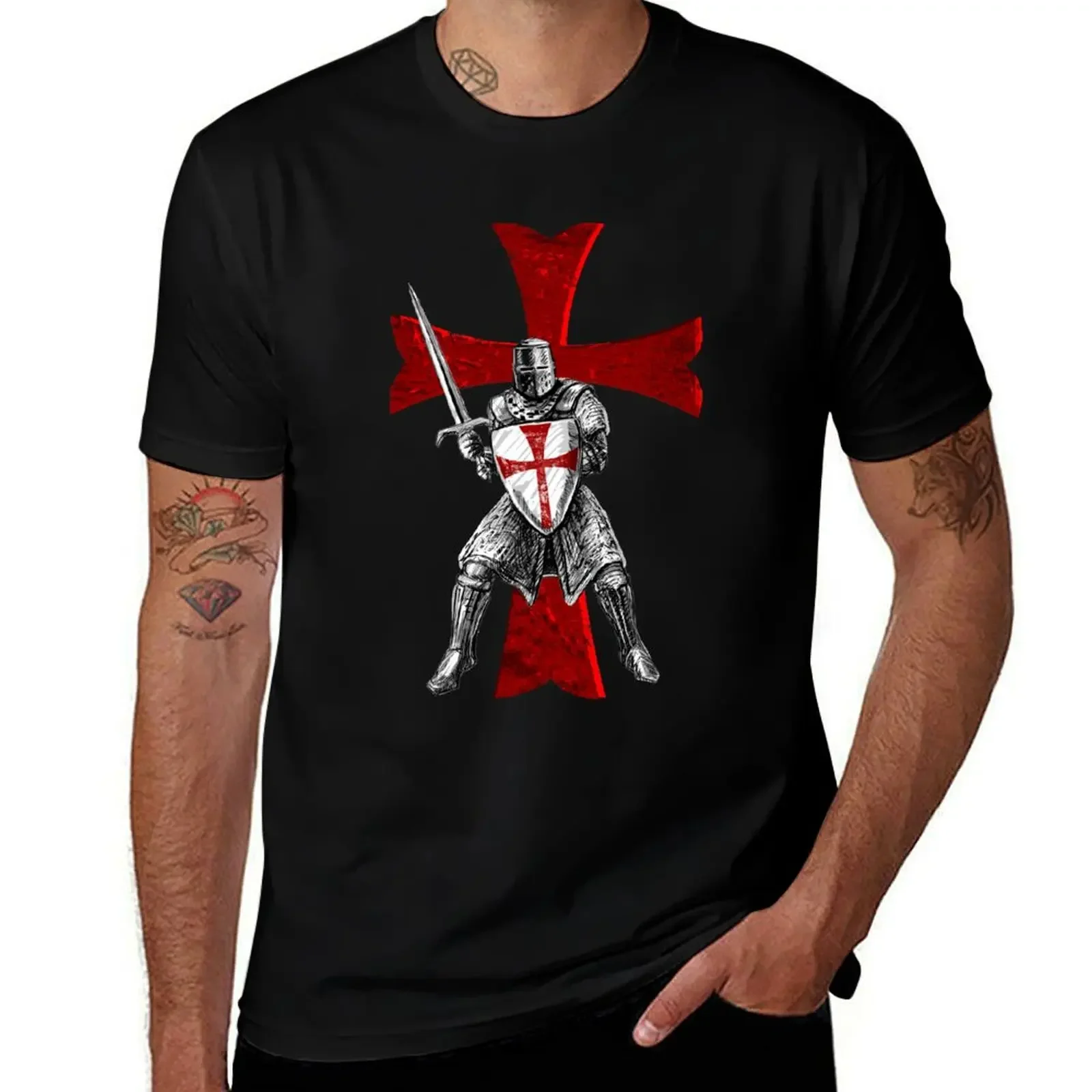 Knight Templar Holding a Sword and a Shield T-Shirt cotton man t-shirts Man t-shirt plain black t shirts men