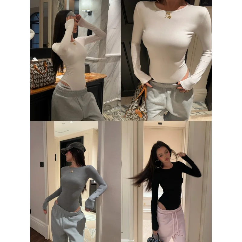 

American Retro Basic Long Sve round Ne Slim Fit Elastic Overalls Multi-Color High Waist Polyester Fiber Women's Jumpsuit
