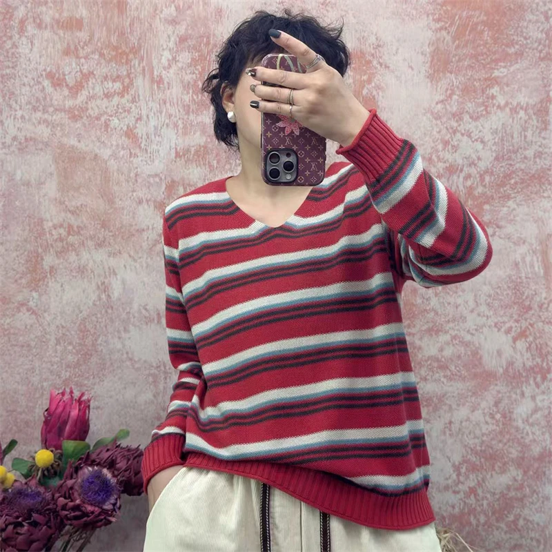 

Spring and Autumn New Women's 100% Cotton Knitted Sweater Casual Color blocked V-neck Pullover Loose Hot selling Women's Top