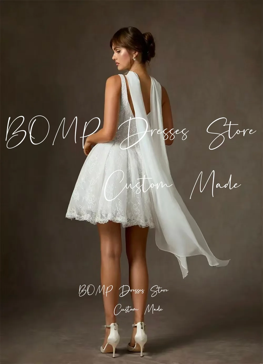 BOMP فساتين زفاف ساحرة بحزامين وفتحة رقبة واسعة دانتيل كامل بطول الركبة مع أوشحة طويلة مصنوعة حسب الطلب 2026 Vestido De Noival #2