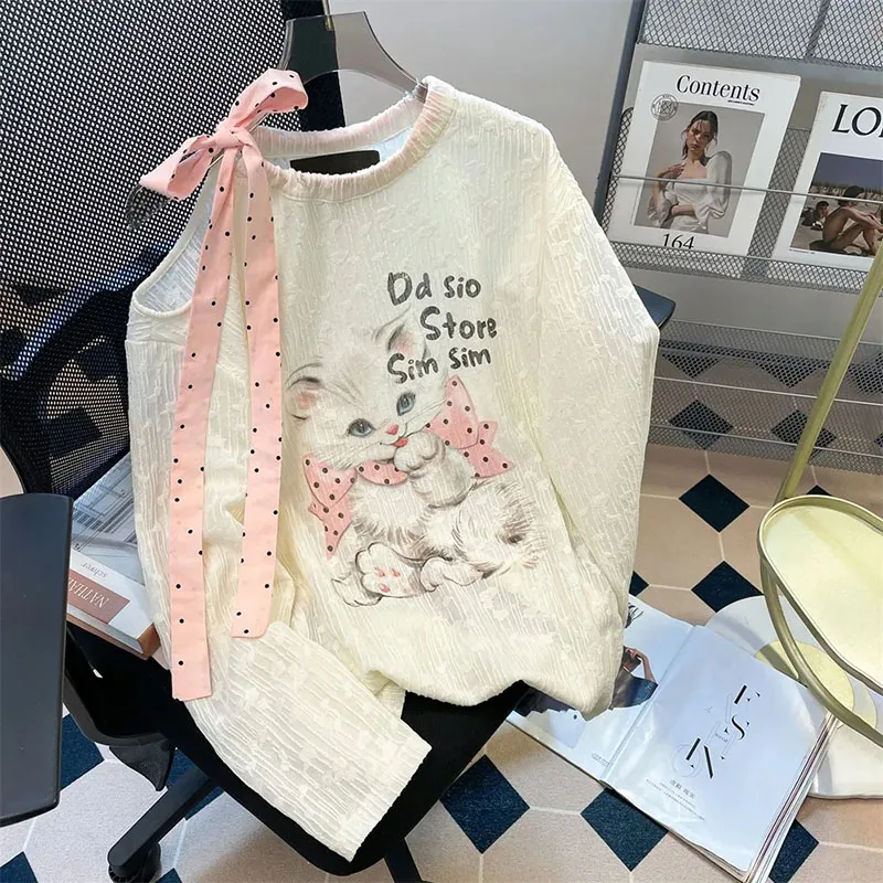 Korean Sweet Print Long Sleeve T Shirt Women Chic Off Shoulder Tie Bow Tops Summer Fashion Loose Female Casual Tees New