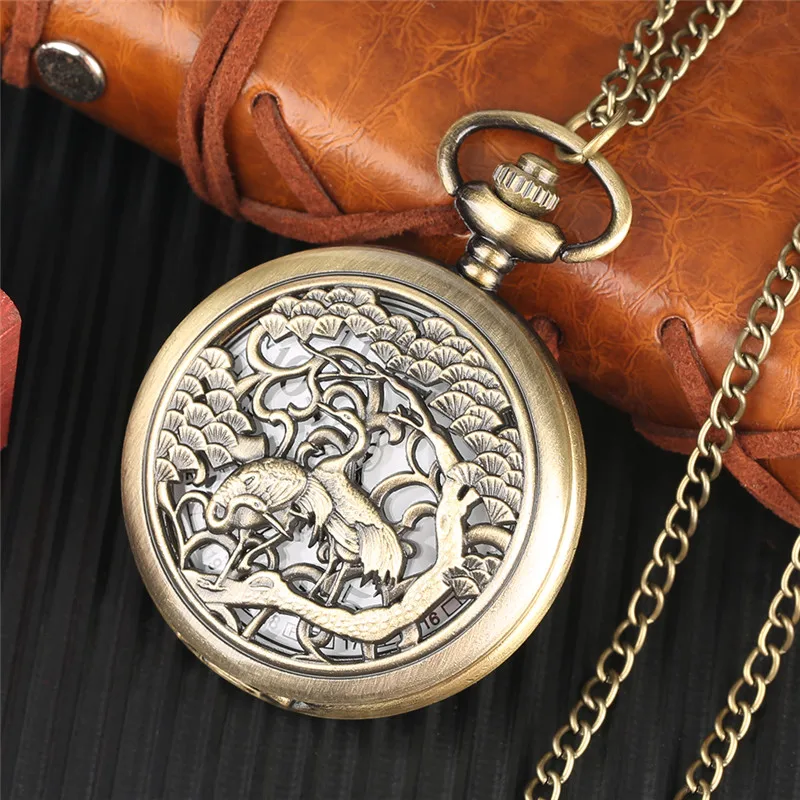 Vintage Style Crane Birds Pattern Men Women Quartz Analog Pocket Watch Arabic Number Display Pendant Necklace Chain Gift Reloj