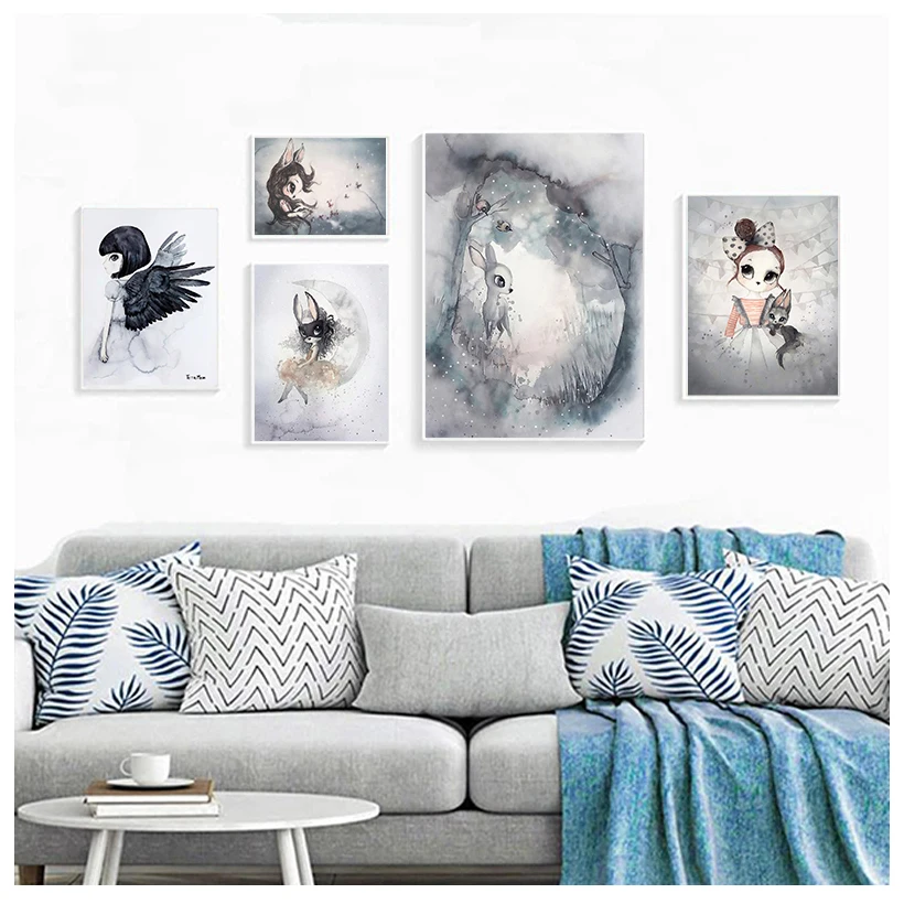 Living Room Home Decor Poster Print Nordic Canvas Painting Girl Bedoom Wall Picture Deer Rabbit Angle Wing Animal Abstract Sweet