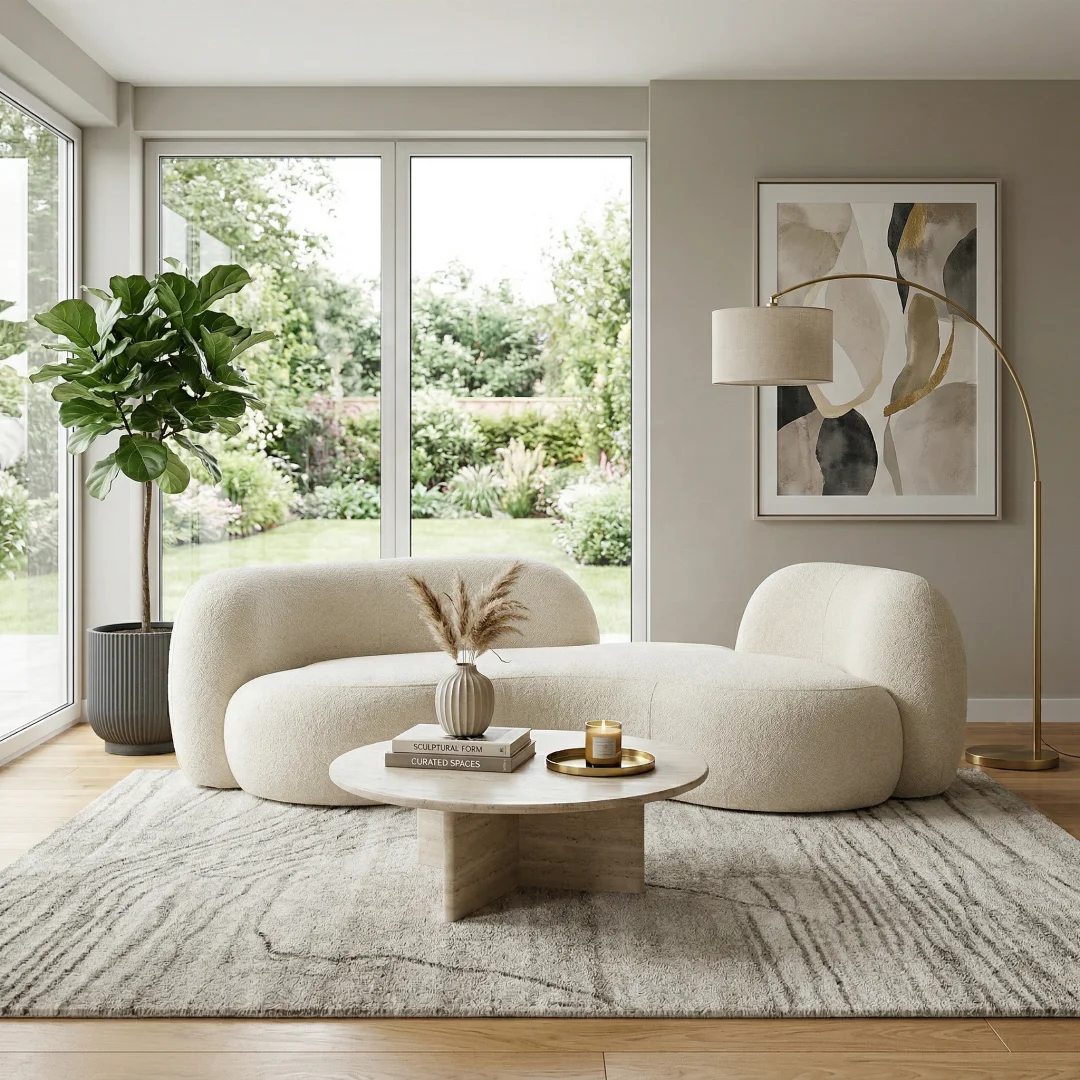 #Nordic Cream Style Three Seat Modern Simple Living Room Sofa Tufted Back Curved Arms. Minimalist Luxury Design Available