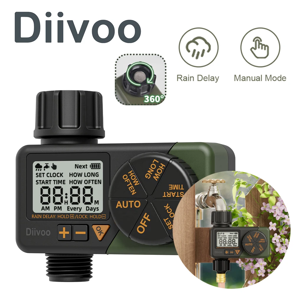 

Diivoo-Large Screen Sprinkler Water Timer, Manual and Automatic Irrigation System, Outdoor Garden Water Timer with Rain Delay