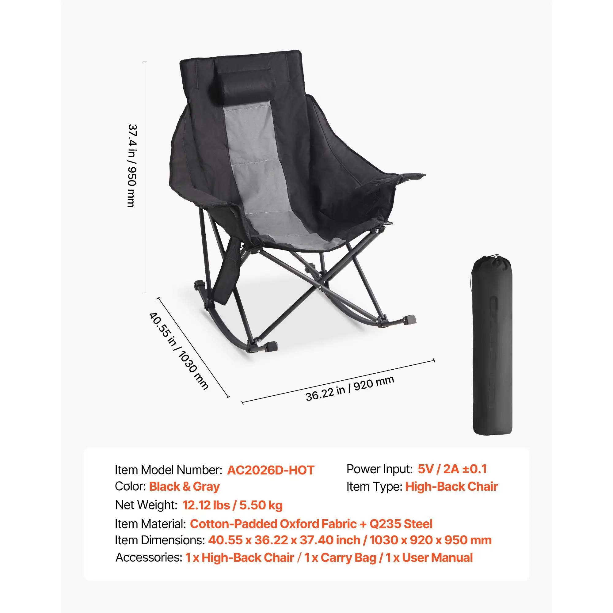 Heated Camping Chair, 3 Settings, Large-Sized Padded Folding Rocker, Heavy Duty Outdoor Lawn with Pocket & Cupholder, Support