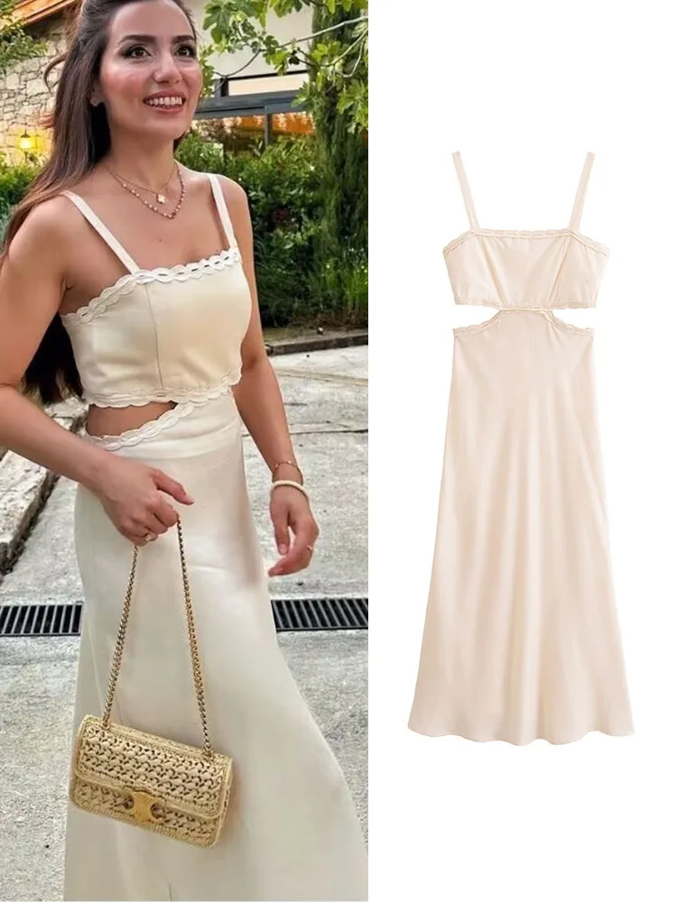 TRAF Women Hollow Out Backless Strap Dress Summer Holiday Fashion Cut Out Loose Maxi Dresses 2024 Lady Beachwear Vestidos