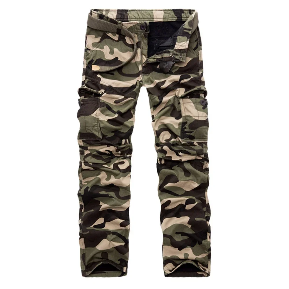 Calça jeans masculina camuflada de alta qualidade, calça militar masculina com vários bolsos (sem cinto)