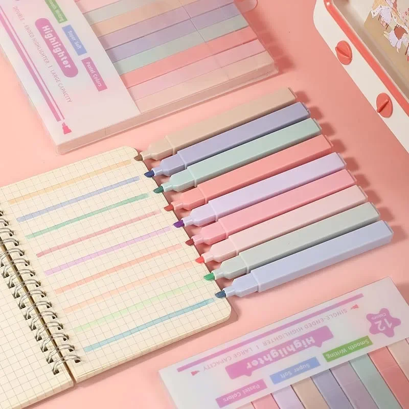 Fluorescent Highlighter Pens Aesthetic Double Headed Pastel Kawaii Colored Markers Pens Stationery School Office Supplies