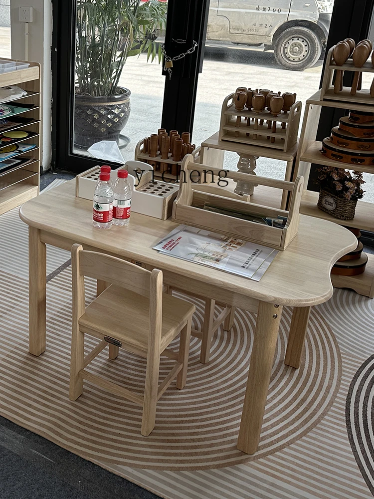 Tables et chaises pour enfants de la maternelle, palette en bois de caoutchouc, soins pour bébés, table d'étude de lecture en bois massif XL