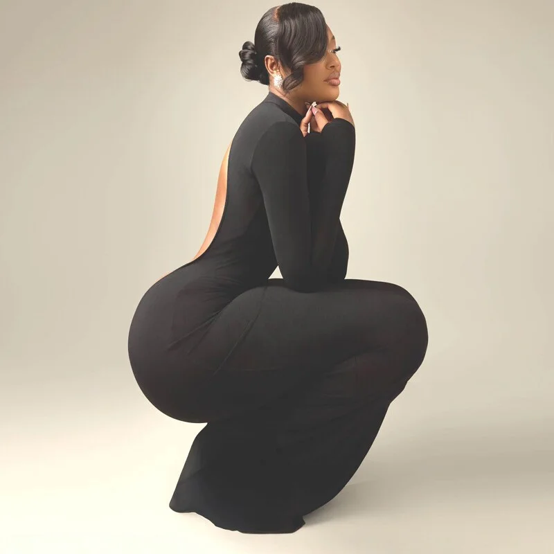 Elegant Sexy Women Dress Black Color Full Sleeve Hollow Out Back Slim Bodycon Long Maxi Dress Ladies Culb Party High Street view 4