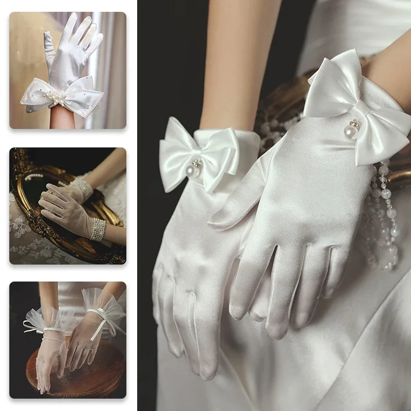 New Bowknot Pearl Lace Satin Gloves Women Bride Elegant Wedding Party Sunscreen Hand Mittens Wedding Party Accessories