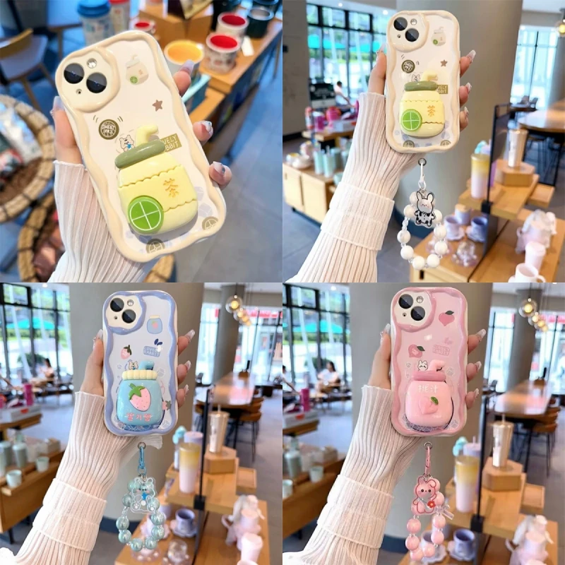 3D Pink Peach Juice Green Lemon Tea Phone Holder Case for Xiaomi POCO X5 X3 Pro X4 NFC F3 F4 X4 GT M3 M4 Pro MI 11 Lite 5G NE