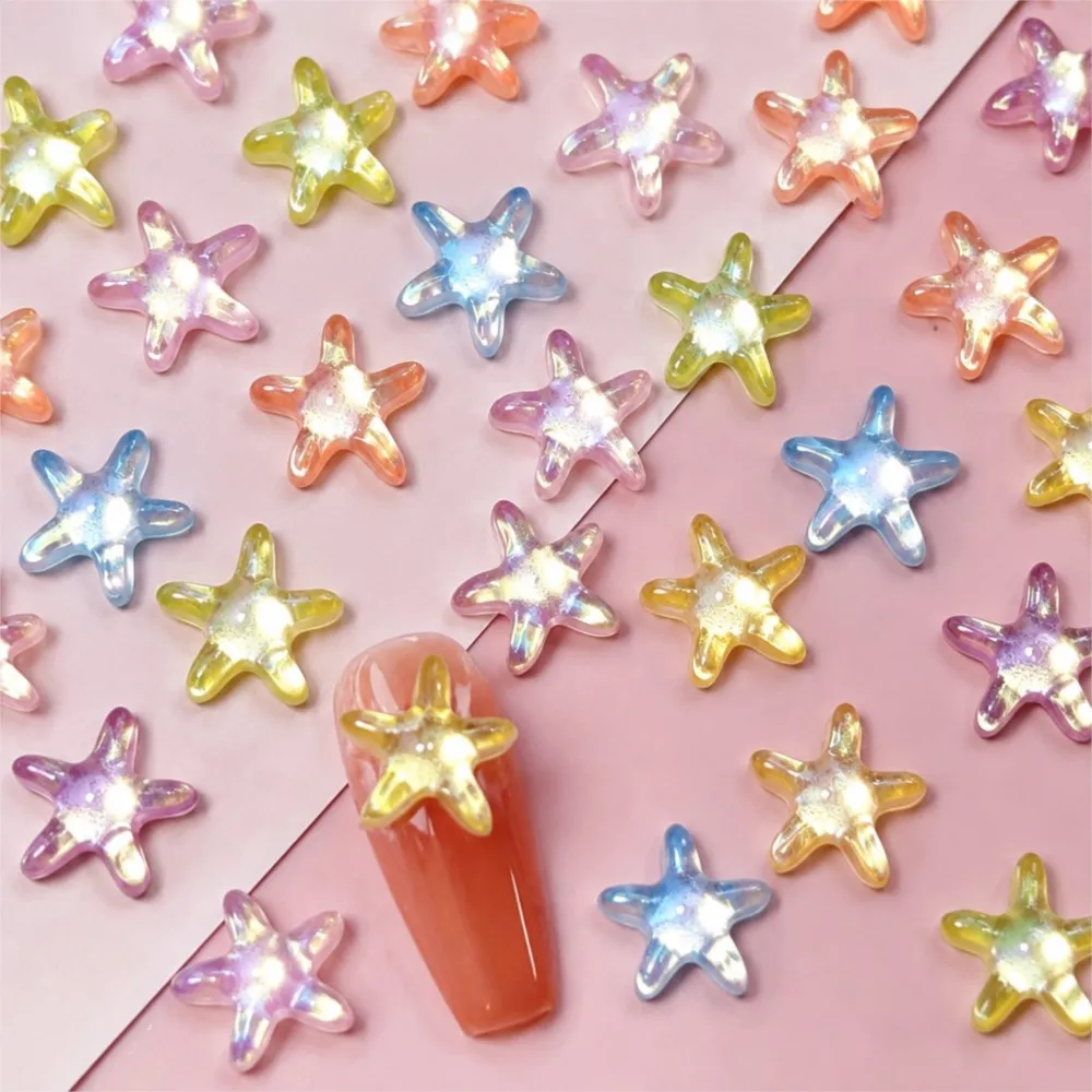 50pcs 3D Cute Aurora Stars Nail Rhinestones Ice Transparent Colorful Starfish Nail Charms 10*11cm Resin Manicure Accessories S@7
