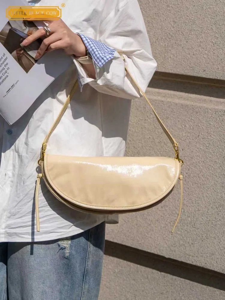Ladies New Office Fashion Hasp Flap Half Moon Bag Cowhide Genuine Leather Designer Crossbody Women SIngle Shoulder Underarm Bags