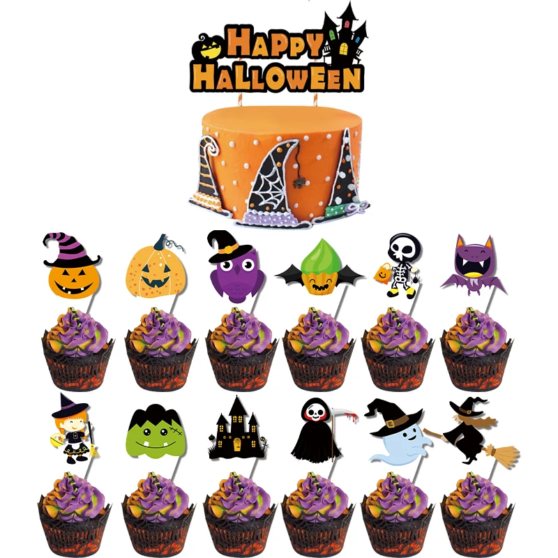 1 Satz Cartoon Halloween Cupcake Topper Halloween Hexe Schädel Kuchen Topper für Kinder glücklich Halloween Kuchen Dekoration Back dekor