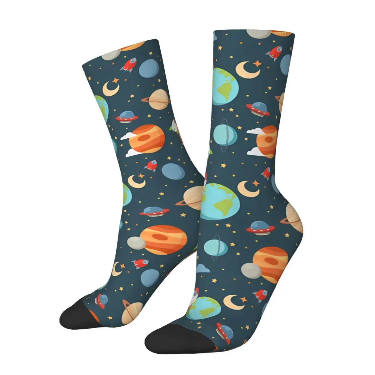 Cartoon Space With Rockets Planets Stars Socks Vintage Stockings Men Comfortable Outdoor Socks Autumn Graphic Anti Skid Socks