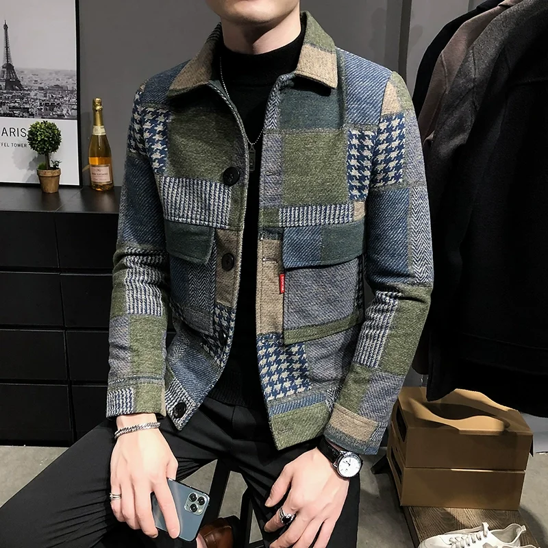 2024 Autumn Winter New Woolen Plaid Coat Jackes Men Business Casual Slim Fit Jackets Streetwear British Style Party Blazers