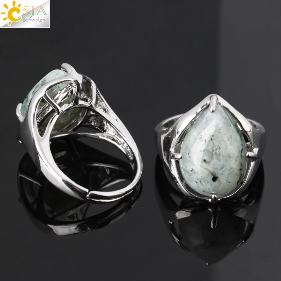 CSJA Natural Stone Ring Women Labradorite Crystal Quartz Ring Water Drop Round Finger Rings Silver Color Adjustable Jewelry G906