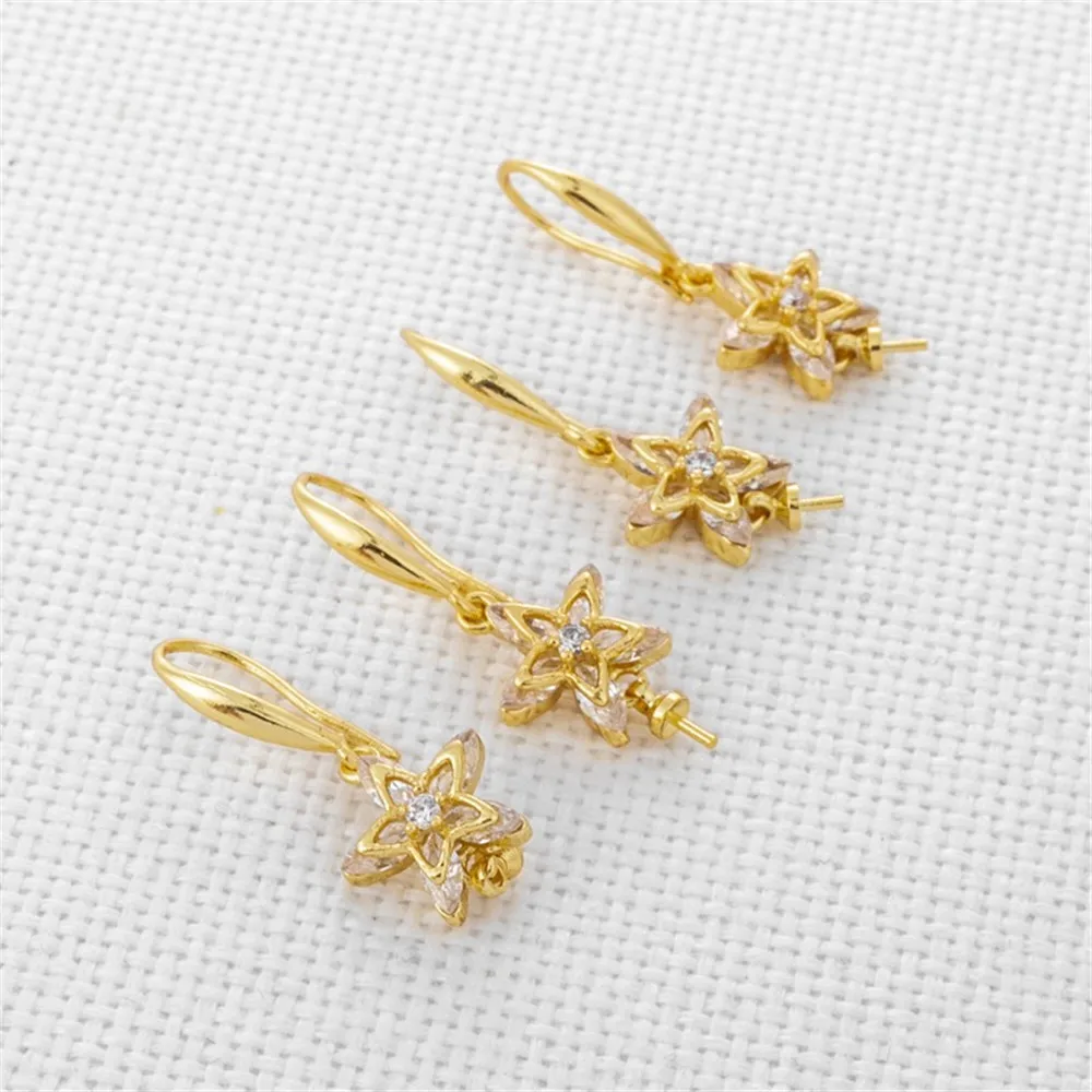 18K Gold Bag Zircon Five-Leaf Flower Belt, Needle Ear Hook, DIY Jewelry Accessories, Earrings Accessories