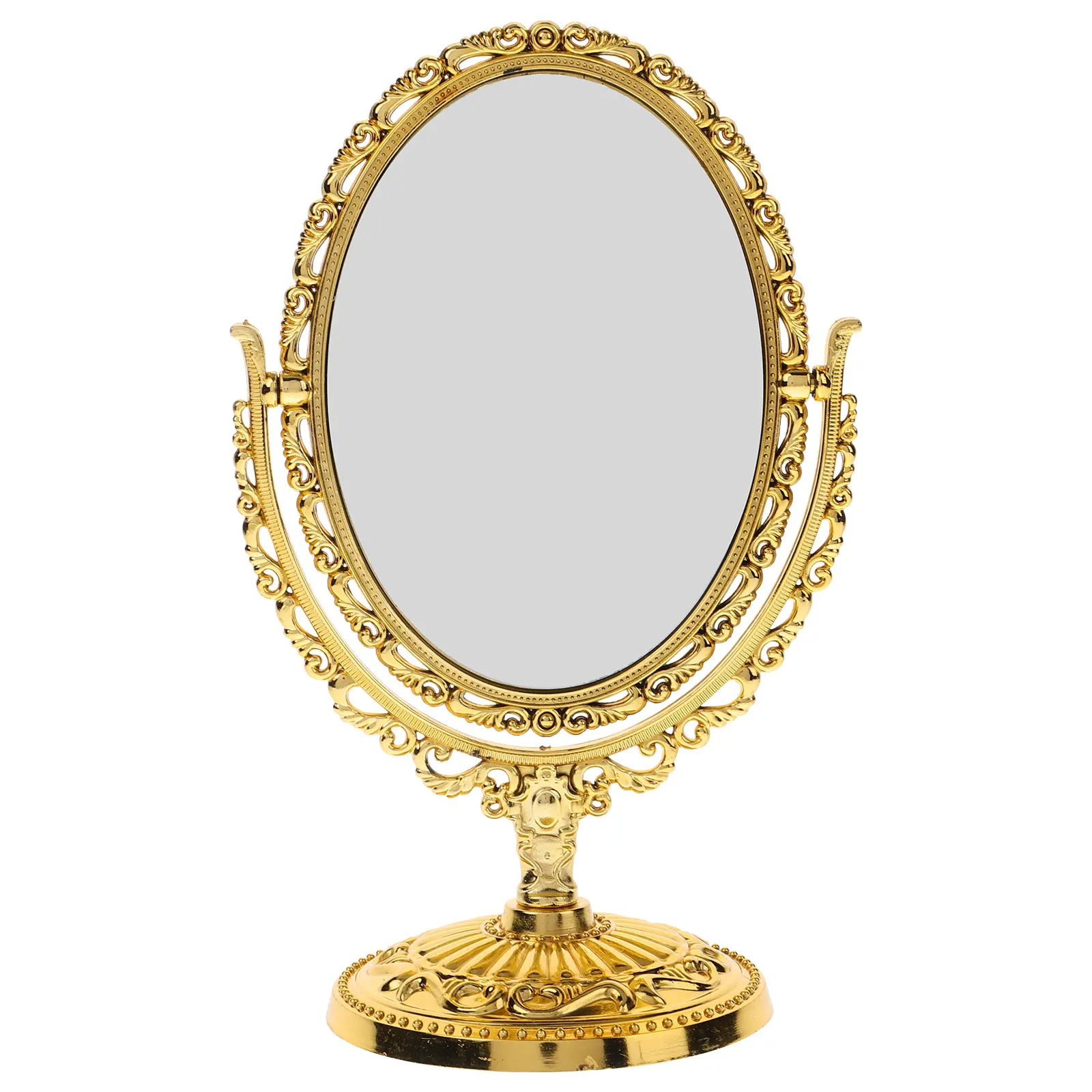 Espelho de maquiagem de rotação vaidade vintage rotativo oval com moldura abs dourado espelho de maquiagem de mesa europeu espelho lateral duplo