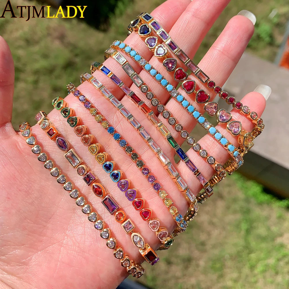 2025 New Fashion Gold Color Colorful Rainbow Bracelet 5A Cubic Zirconia CZ Enamel Geometric Tennis Chain Bangle Women Jewelry