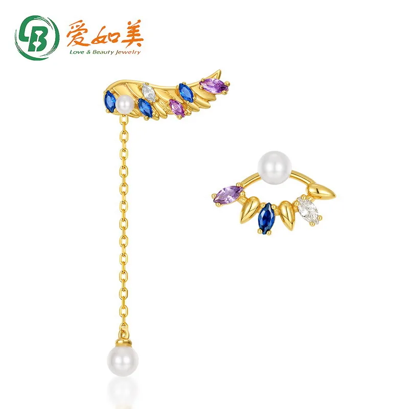 

18-каратное золото PT950, платиновое посеребрение, 7-слойное золото Xiaoqing, новые асимметричные серьги с длинными кисточками и крыльями ангела