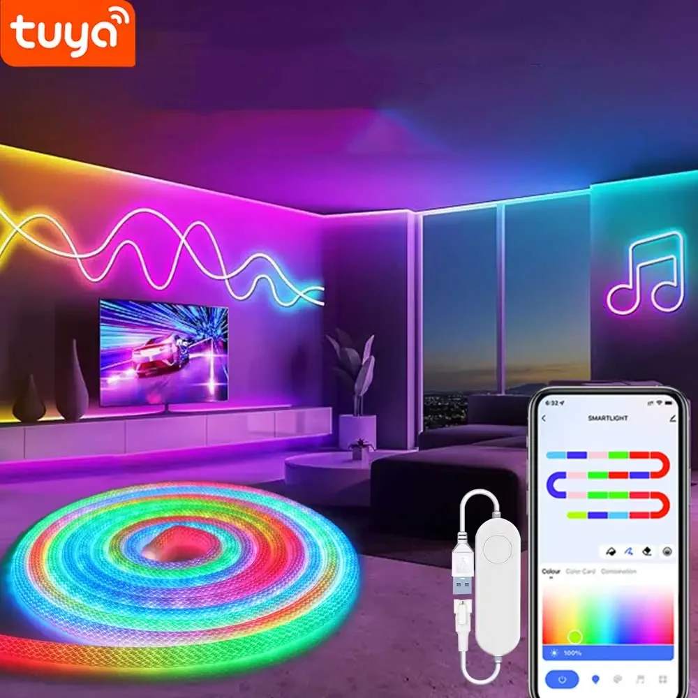 Tuya okrągłe siatkowe światło neonowe 5 V RGBIC taśma neonowa Tuya Wifi pilot aplikacji LED Smart IP67 360 °   Okrągłe 50 diod LED/m Światła