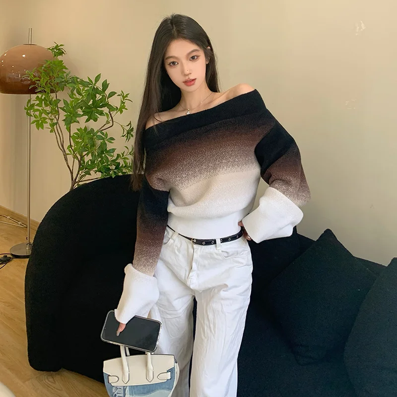 

Gagarich 2024 Gradient Soft Sticky Sweater Women Autumn Winter Lazy Sweet Spicy Girl Sexy One Shoulder Top Knitted Pullover