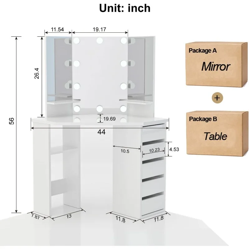 Mesa de maquiagem de canto com espelho e luzes - Mesa de vaidade branca com 3 espelhos iluminados 5 gavetas Mesa de maquiagem para quarto