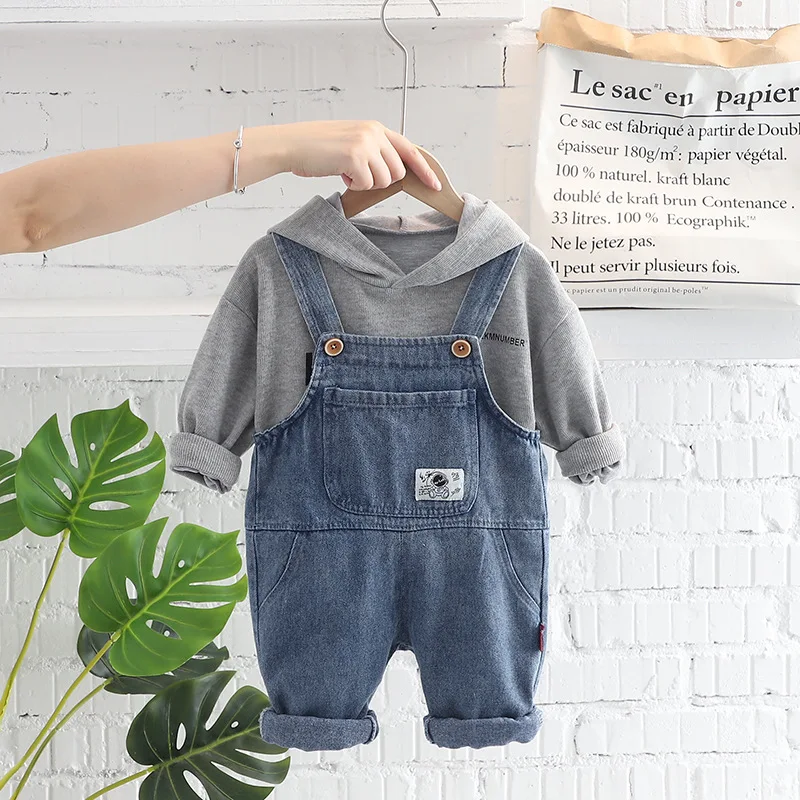 OLEKID 2024 Spring Autumn Korean Style Children Boys 2PCS Clothes Set Printed Letter Hoodie Denim Overalls Infant Baby Boys Suit