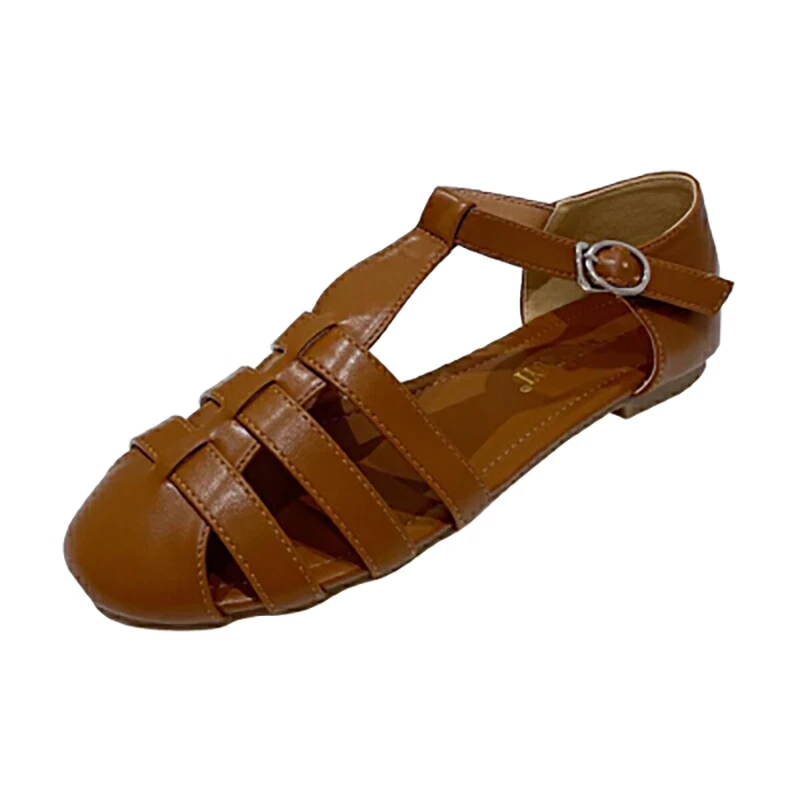 

Коричневые сандалии, женские туфли на плоской подошве с черным поясом в стиле ретро, летняя обувь на плоской подошве с вырезами, обувь для отдыха, 2024, женские уличные сандалии