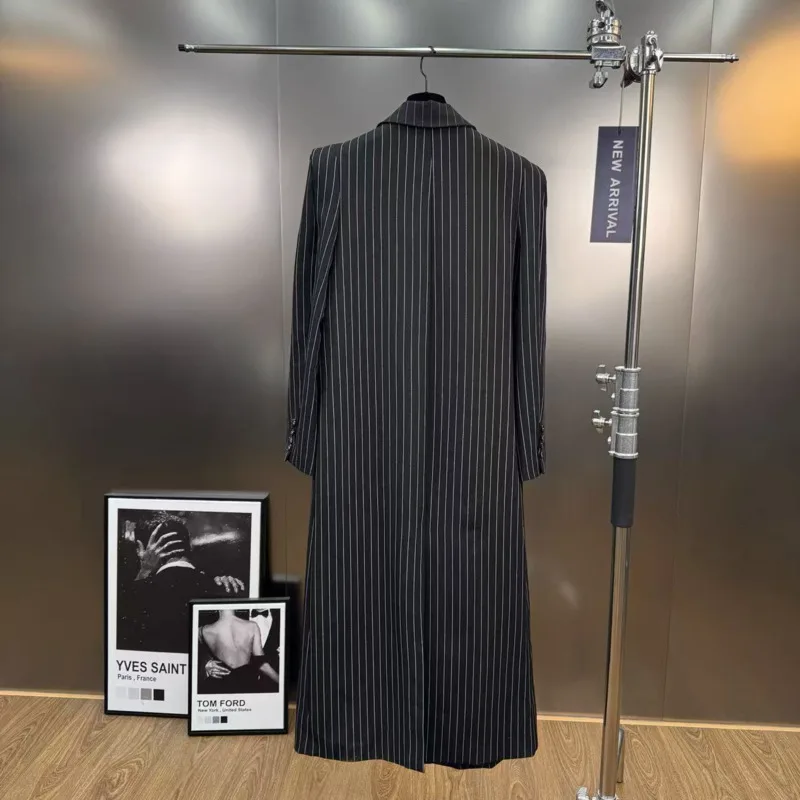 HKSH Primavera Autunno Nuove Donne Giacca Lunga Colletto Dentellato A Righe Doppio Petto Trench e Impermeabili Pantaloni A Gamba Larga Alla Moda Casual HK12584