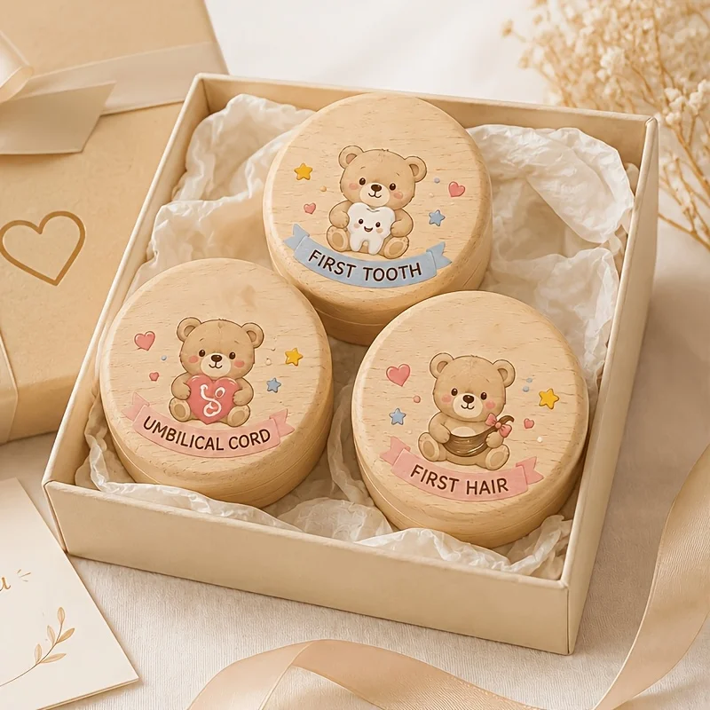 3PCS Wooden 2D Storage Boxes Set First Tooth Hair Keepsake Umbilical Cord Keepsake Boxes Birth Souvenir Home Decor Best Gift