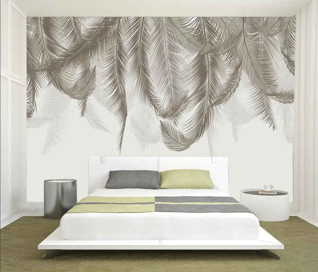 Customized Mural Living Room Sofa TV Background Plants Leaves Decoration Painting Grey Cream Grey Green Leaves 3D Wallpaper