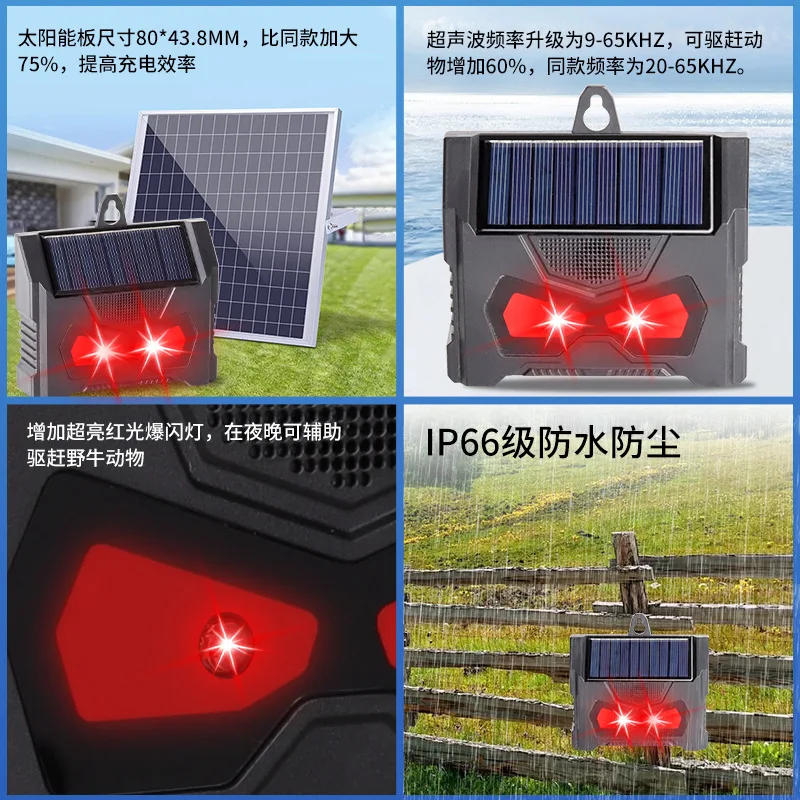 Solar powered rodent repellent outdoor ultrasonic LED red and white flashing animal repellent rectangular